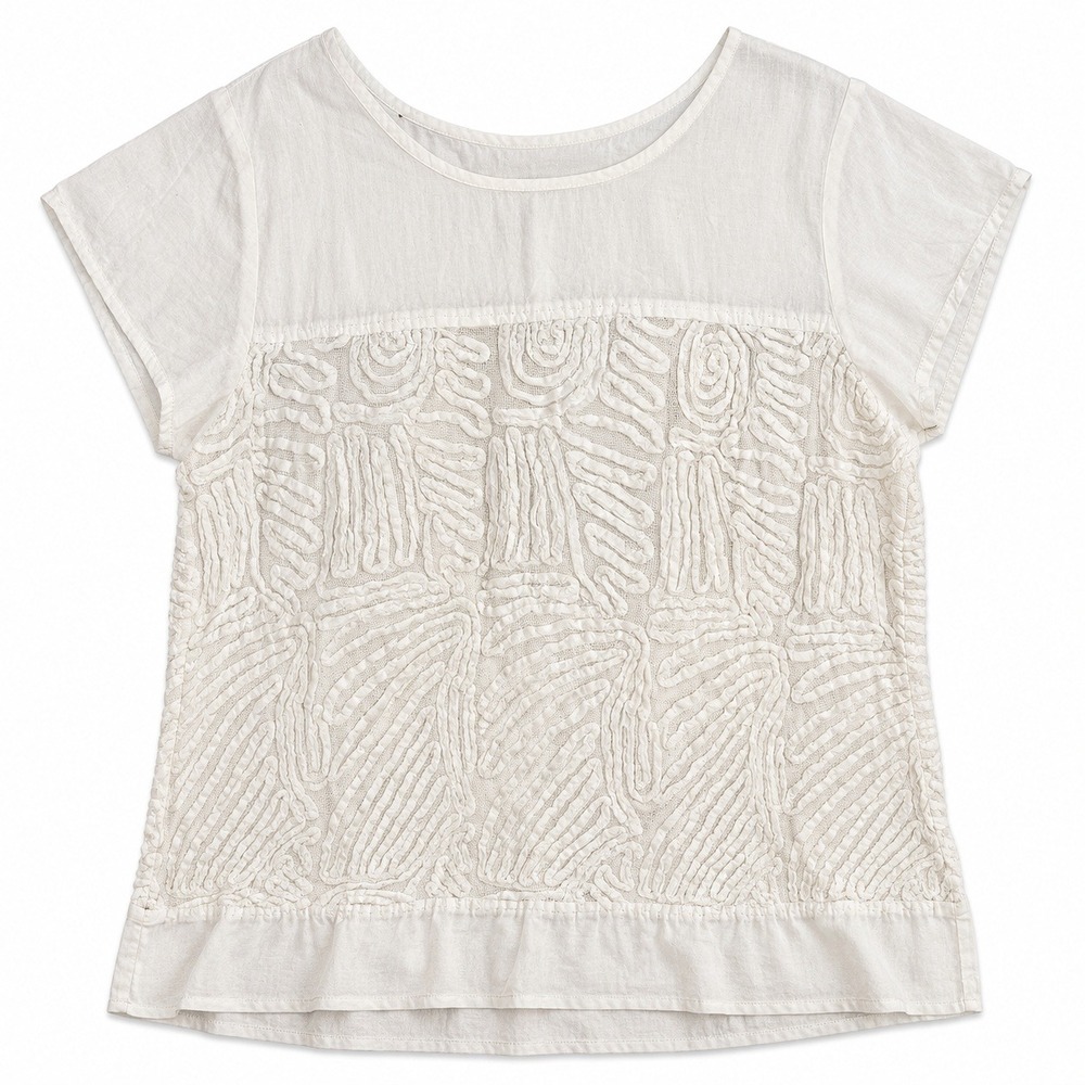 White Cottagecore Embroidered Textured‎ Boho Scoop Neck Top Bridal Minimalist M